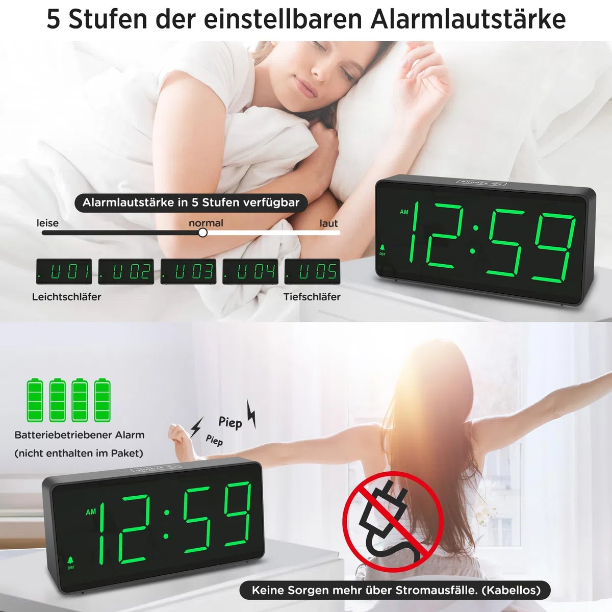 Eachui Wecker digital Batteriebetrieben mit großen Zahlen, Digitaler Wecker mit LED Display, regelbarer Helligkeit und Lautstärke, Automatischer Dimmer,Snooze, 12/24 Std (Grüne Ziffern)