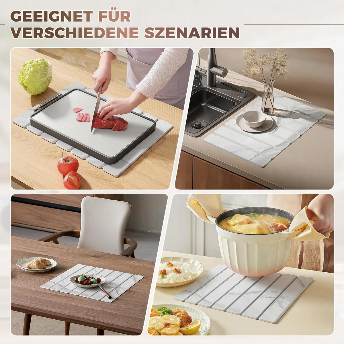 Abtropfmatte Geschirr 40 x 30 cm, Abtropfmatte Stein aus Kieselgur, Steinmatte Küche, Wasserabsorbierende Schnelltrocknende (Wellenmuster mit Seifenablage)