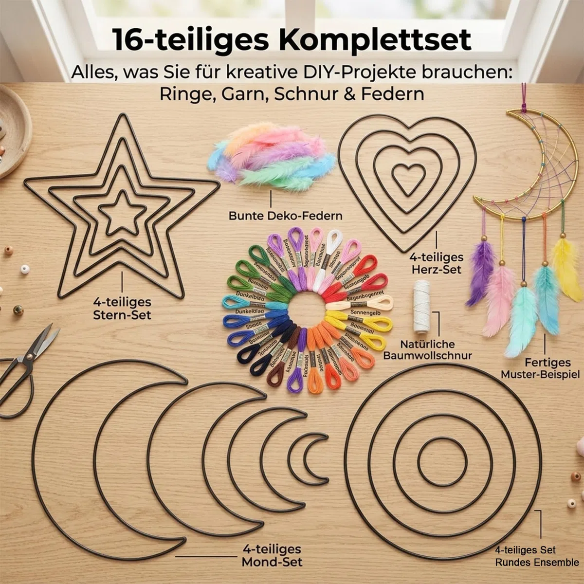 16-teiliges Traumfänger Bastelset, Schwarze Traumfänger-Ringe mit 24 bunten Garnen, 100m Baumwollschnur, 50 Macaron-Federn, Ideal für DIY-Projekte und Geschenke