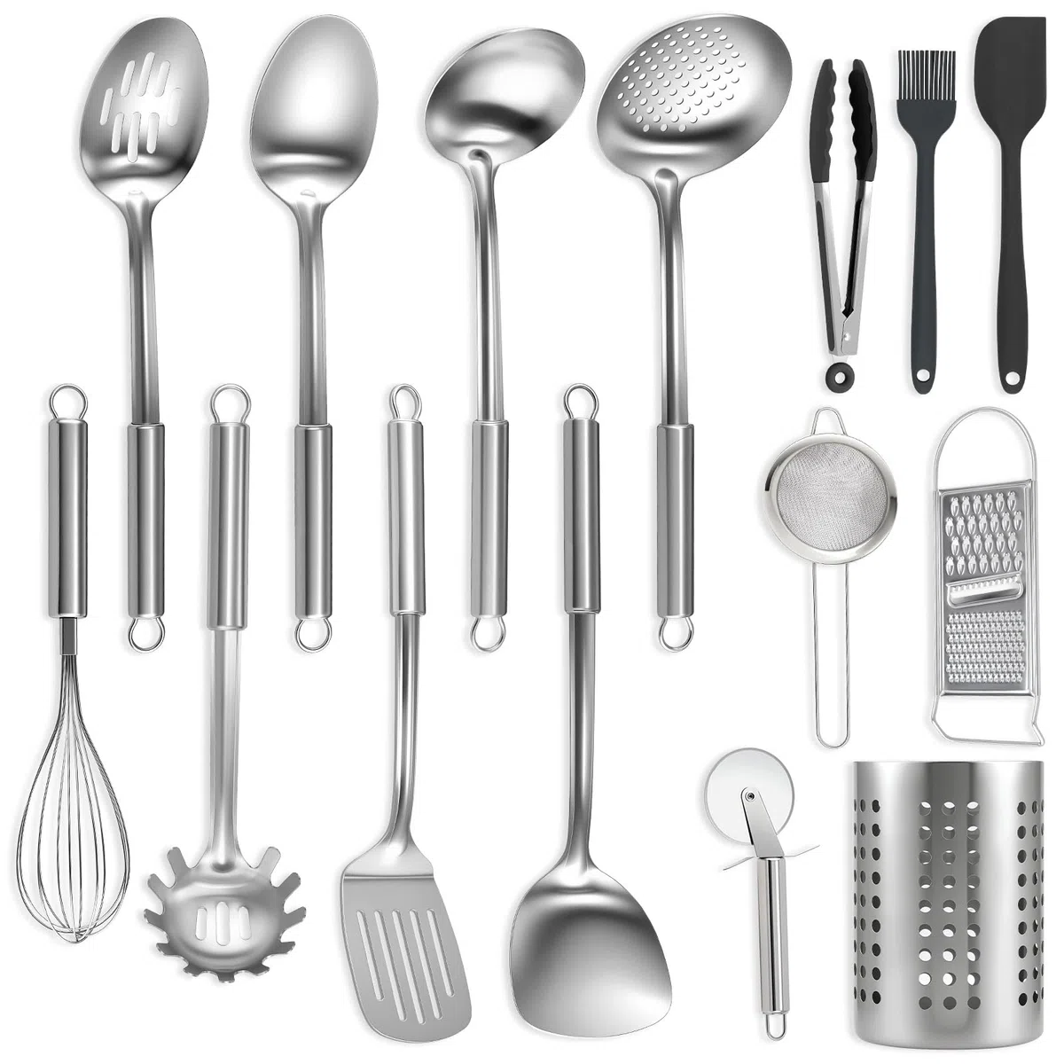 BEWOS 15-teiliges Küchenhelfer Set - Edelstahl Kochlöffel Set, Küchenutensilien mit Spateln und Aufbewahrungsbox, Ungiftig, Spülmaschinengeeignet & Hitzebeständig