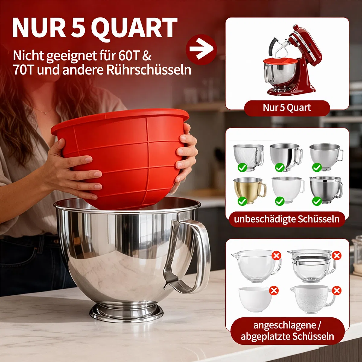 2er Set Silikoneinsatz mit Deckel – Kompatibel mit KitchenAid Schüssel 4,8 L (5 Qt) – Dick + Antirutsch-Rippen, Eigenständig stehend, Innen-Skalierung, Rührschüssel-Einlag