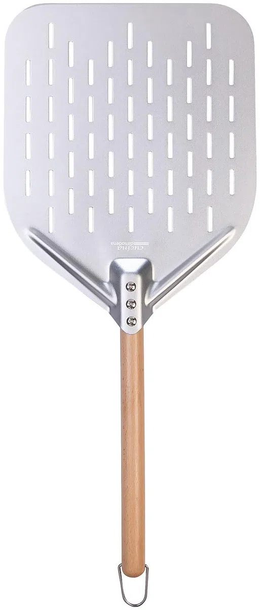 Pizzaheber: Perforierter Pizzaschieber mit Aluminium-Schaufel & Holzgriff, Ø 30 cm (Pizzaschieber Edelstahl, Hölzer, Backofen)