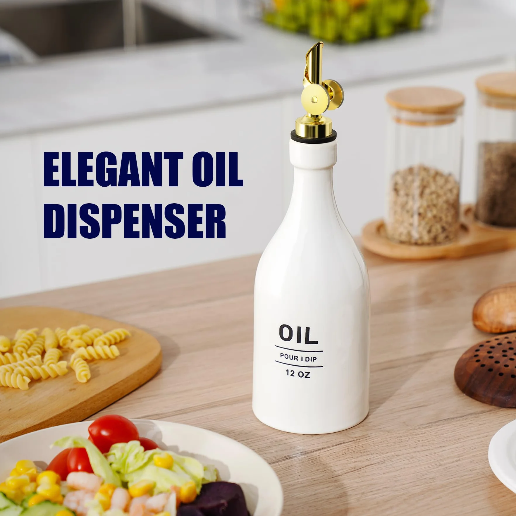 NiHome 350ml Keramik Ölflasche，Essig und Ölspender mit automatischem Ausgießer, spülmaschinenfest, UV-geschützter Olivenöl Flasche für die Küche zur optimalen Aromabewahrung, tropffreies Ausgießen