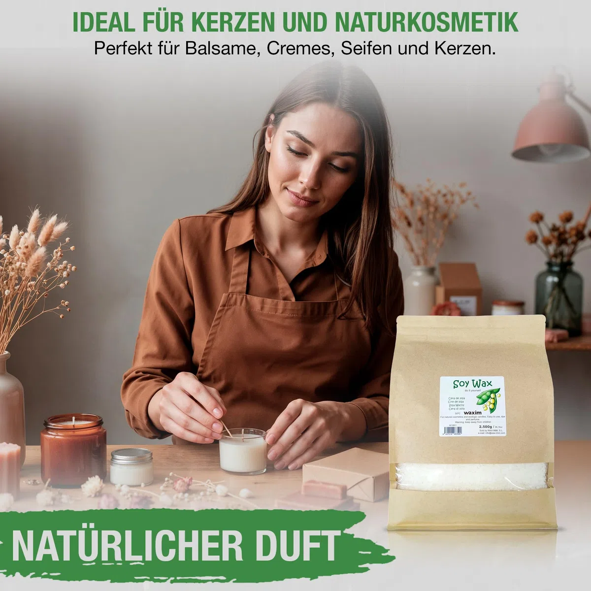 WAXIM Sojawachs Kerzenwachs zum Gießen | Wachs für Kerzen selber machen in Perlen 2.500 g | Kerzenwachs Granulat | Pflanzliche Basis für Behälter | Gleichmäßiges Schmelzen und Saubere Verbrennung