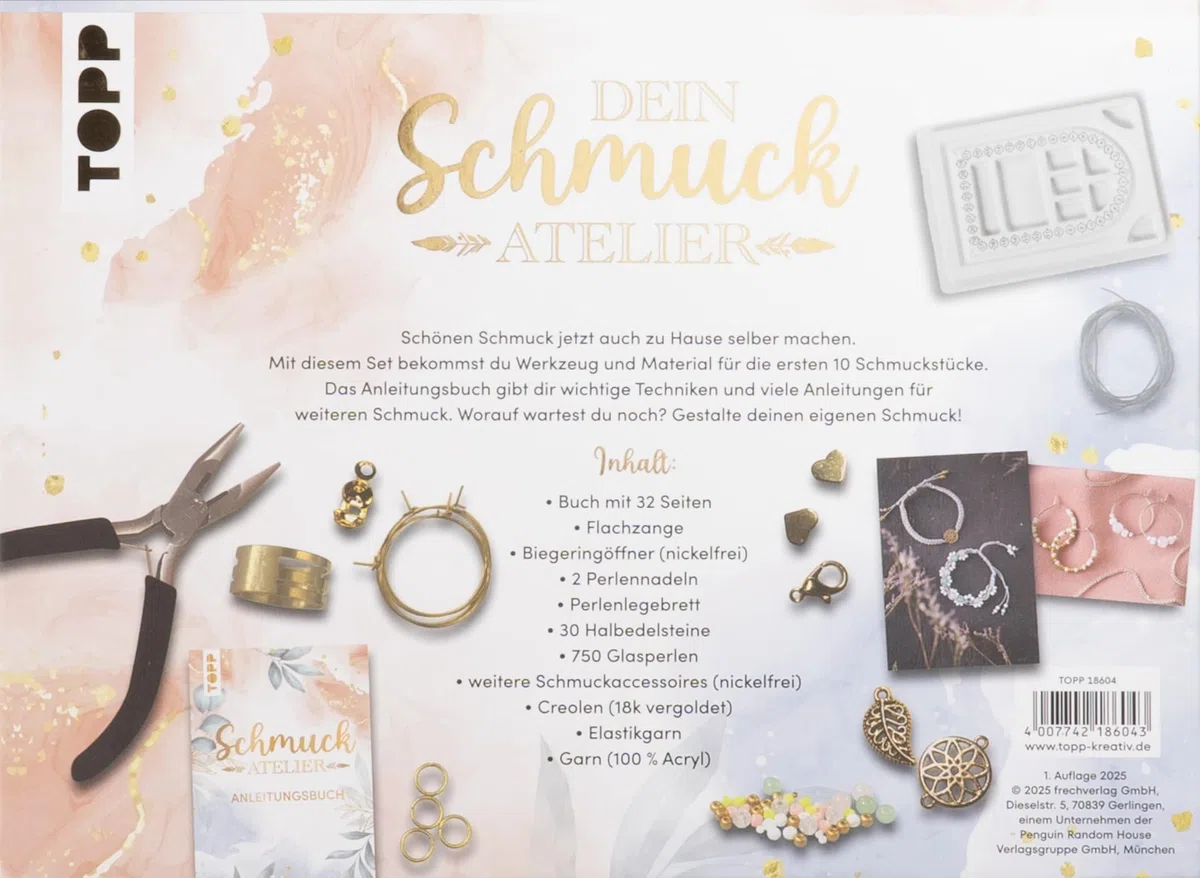TOPP Die wunderbare Kreativbox Schmuckatelier. Anleitungsbuch (32 S.), Flachzange, Biegeringöffner, Perlennadeln, Perlenlegebrett, über 800 Perlen und Schmuckaccessoires, White