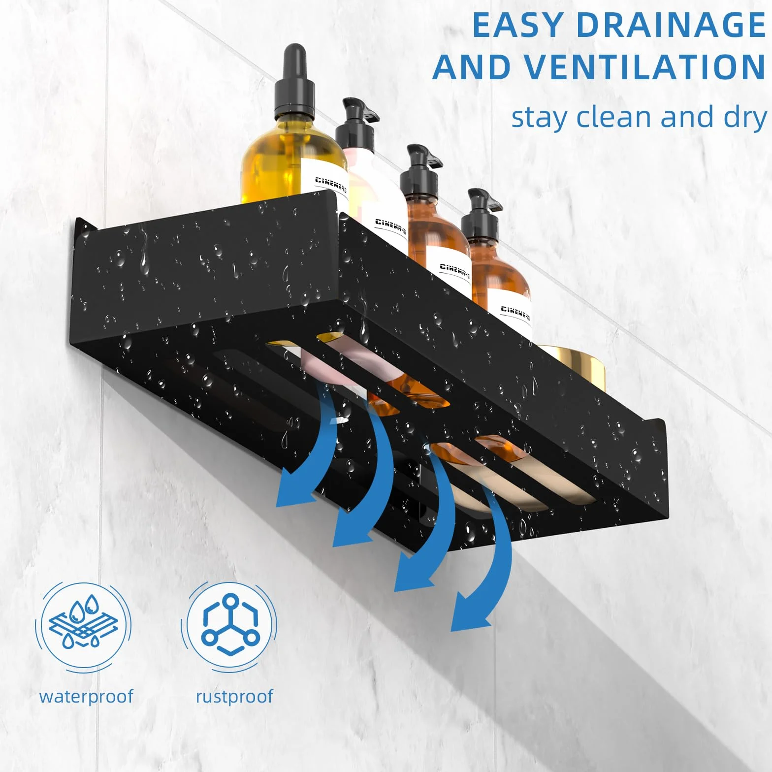 Wisfame Duschablage Ohne Bohren, 2 Stück Rostfreie Badezimmer Organizer, 30cm Duschregal mit 8 Haken, Shampoo Halterung für Dusche, Matt Schwarz Metall Duschkorb