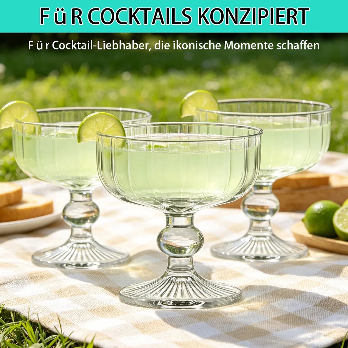 6er Set Cocktailgläser Coupe 320 ml – Vintage Margarita Gläser, Retro Dessertgläser aus Glas, Stielgläser für Martini, Daiquiri, Eis, Sundae & Bar