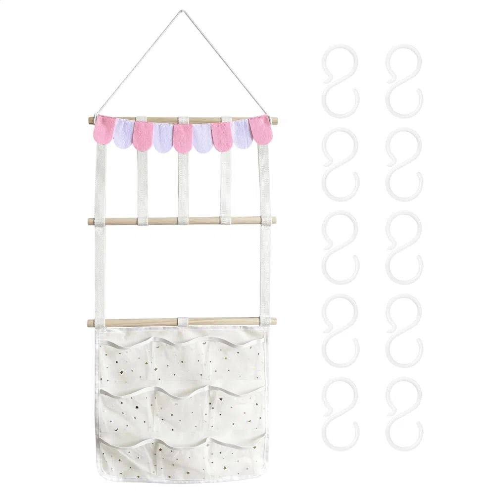 MiOYOOW Hängender Stirnbandhalter, Haaraccessoire Organizer, Boho Stirnband Aufbewahrungsregal mit 10 Haken und 9 Netztaschen für Haarspangen, Haarbänder und Haargummis
