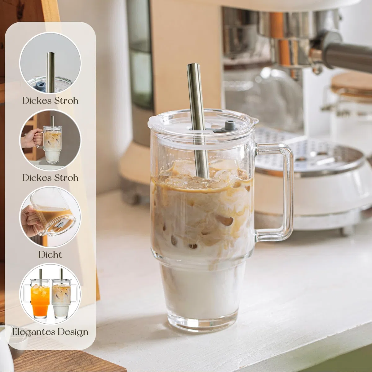 KEMORELA 2er-Set 710ml Glasbecher mit Griff, Deckel & Edelstahl-Strohhalmen – Wiederverwendbare Mason Jar Trinkgläser für Eiskaffee, Smoothies, Säfte & Tee – Inkl. Reinigungsbürste