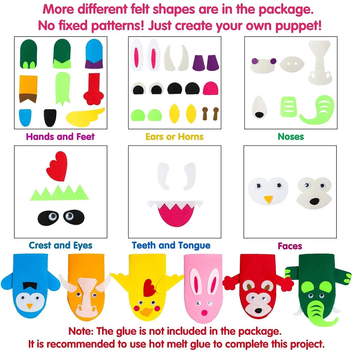 WATINC 12Pcs Felt Handpuppe DIY Art Craft Set Moderne Kinder Filz Spielpuppe Socke Pompoms Bastelarbeiten Machen Puppet Wackeln Googl Eyes Storytelling Rollenspiel Party Zubehör für Mädchen Jungen