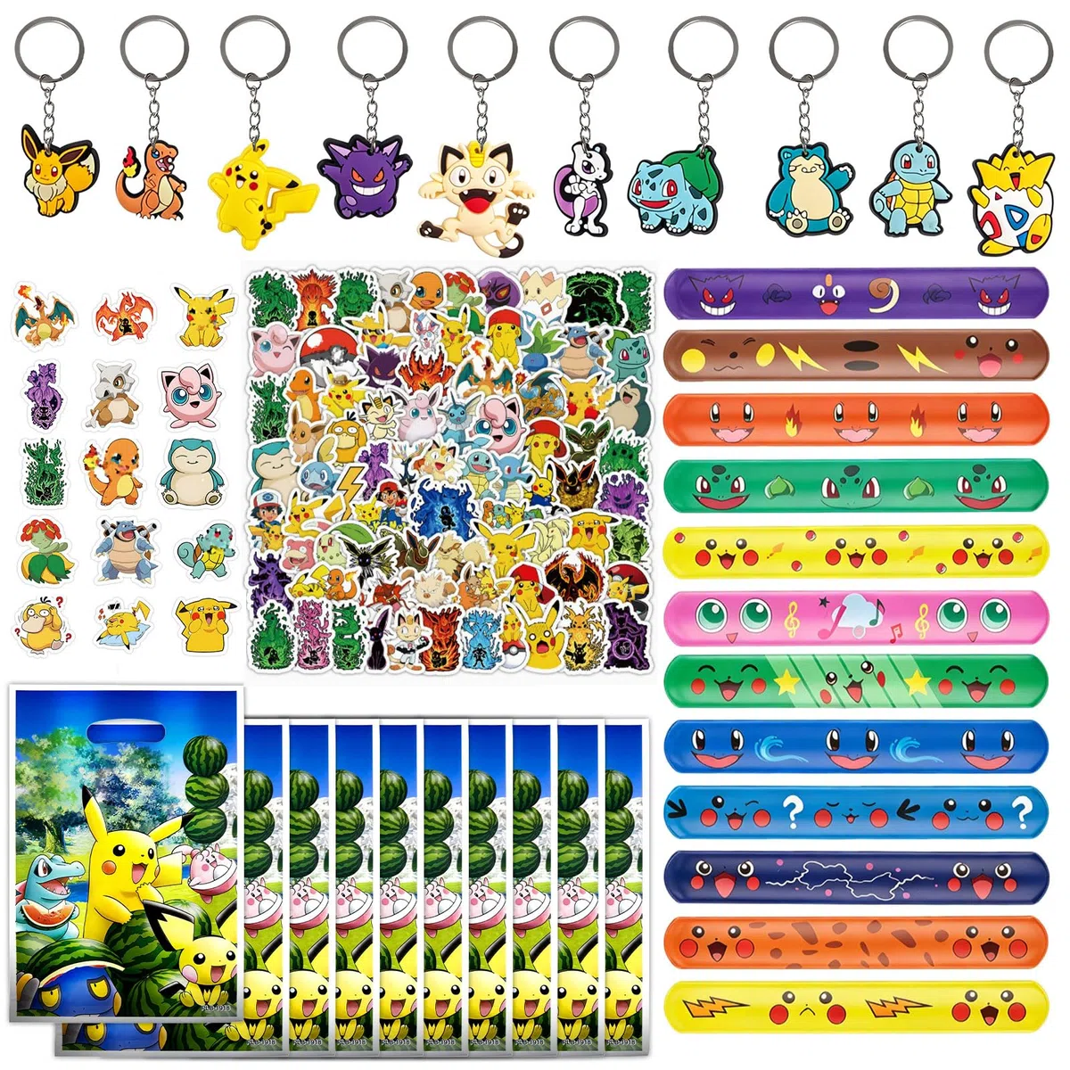 132 -teiliges Party Mitgebsel Set für Geburtstag – mit 100 Stickern, 10 Geschenktüten, 12 Schnapparmbändern & 10 Schlüsselanhängern