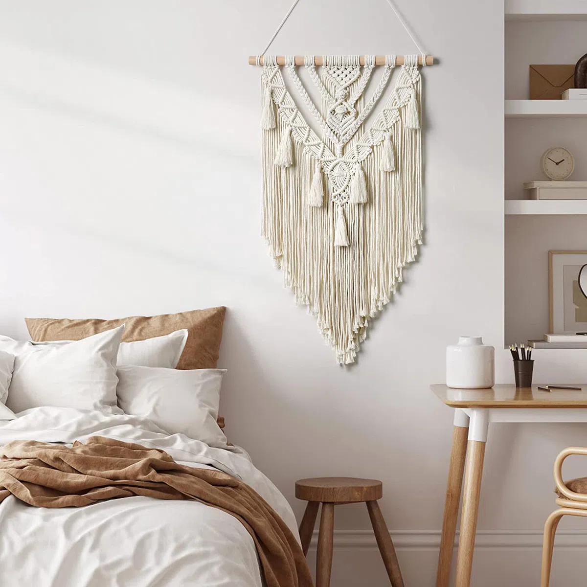 Dremisland Boho Makramee Wandbehang Geometrischer Gewebte Wandteppich Beige Baumwolle Wandteppich Wandkunst Tapisserie Quasten Tapestry Wandbehang für Schlafzimmer Wohnzimmer