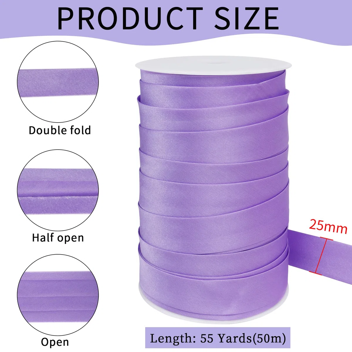 Schrägband 25mm x 50m, Einfassband zum Nähen Doppelt Gefaltetes Stoffband aus Polyester Hemming Tape Satin, Nahtband zum Nähen Basteln Dekorationen DIY Handwerk (Schwarz)
