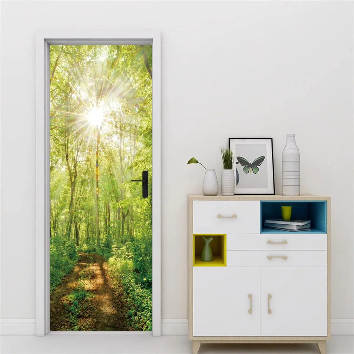 Tür tapeten 3d selbstklebend Sonne und Wald Türposter Türaufkleber Wasserdicht Abnehmbare Vinyl türfolie Fototapete diy Wandbild Wohnzimmer Schlafzimmer Badezimmer B85 x H205cm
