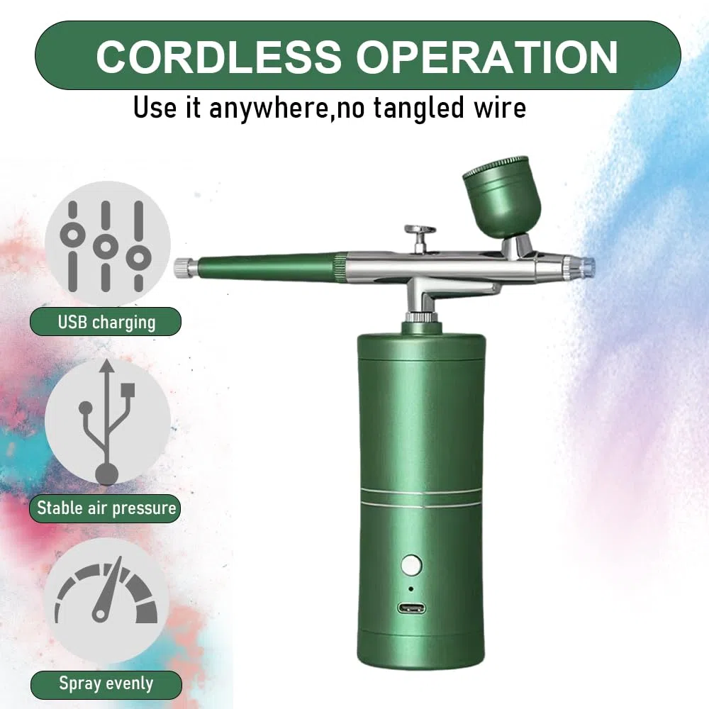 Kabelloses Airbrush Set mit Kompressor – Tragbare Airbrushpistole für Kuchendekoration Nageldesign Make-up Tattoos Modell- und Gesichtsbemalung (Grün)