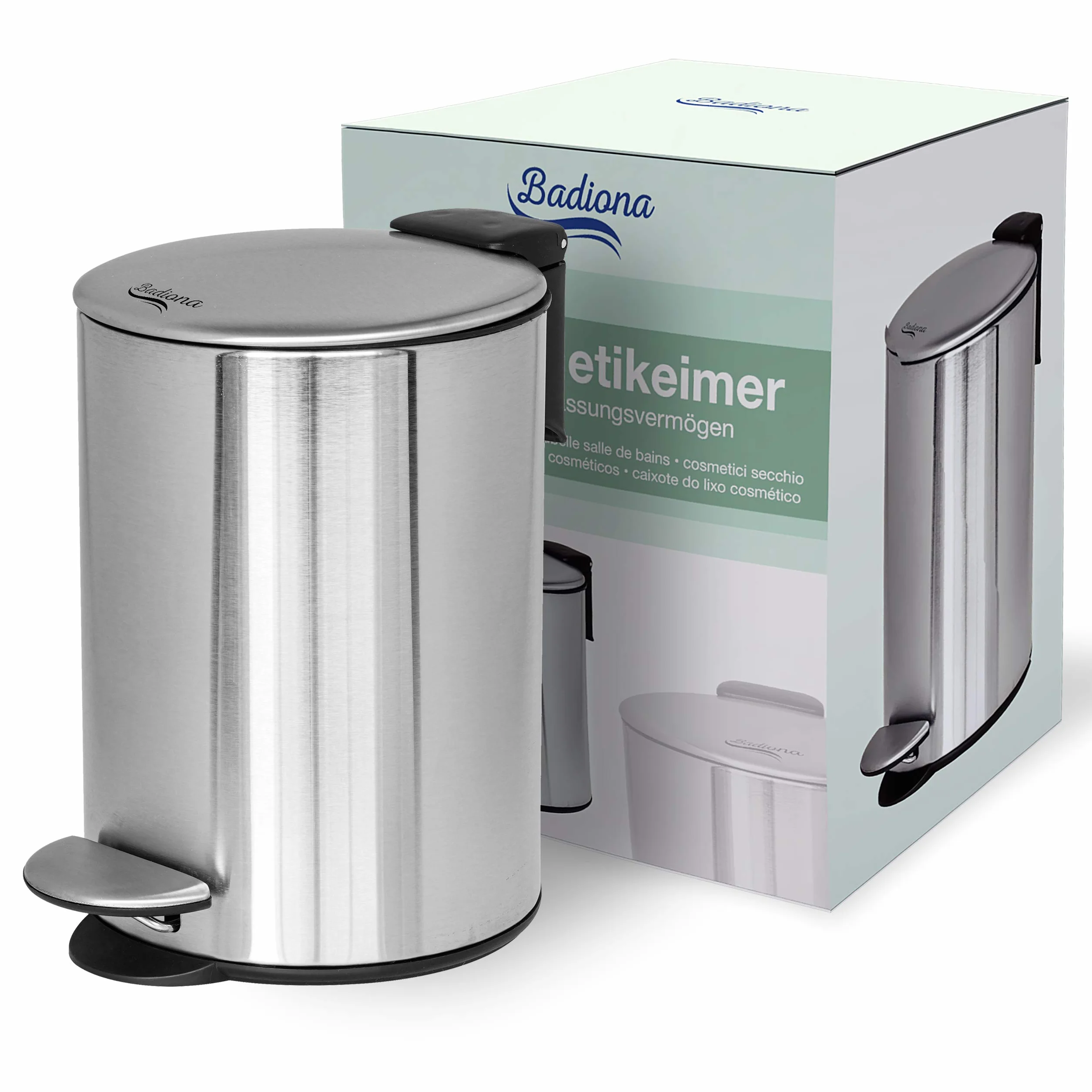 Kosmetikeimer Bad 3l Edelstahl Absenkautomatik | Bad Mülleimer Badezimmer | Abfalleimer Bad Silber Kosmetikmülleimer | Badmülleimer Chrom | Kosmetikeimer Metall klein | 3 Liter Badmüllereimer