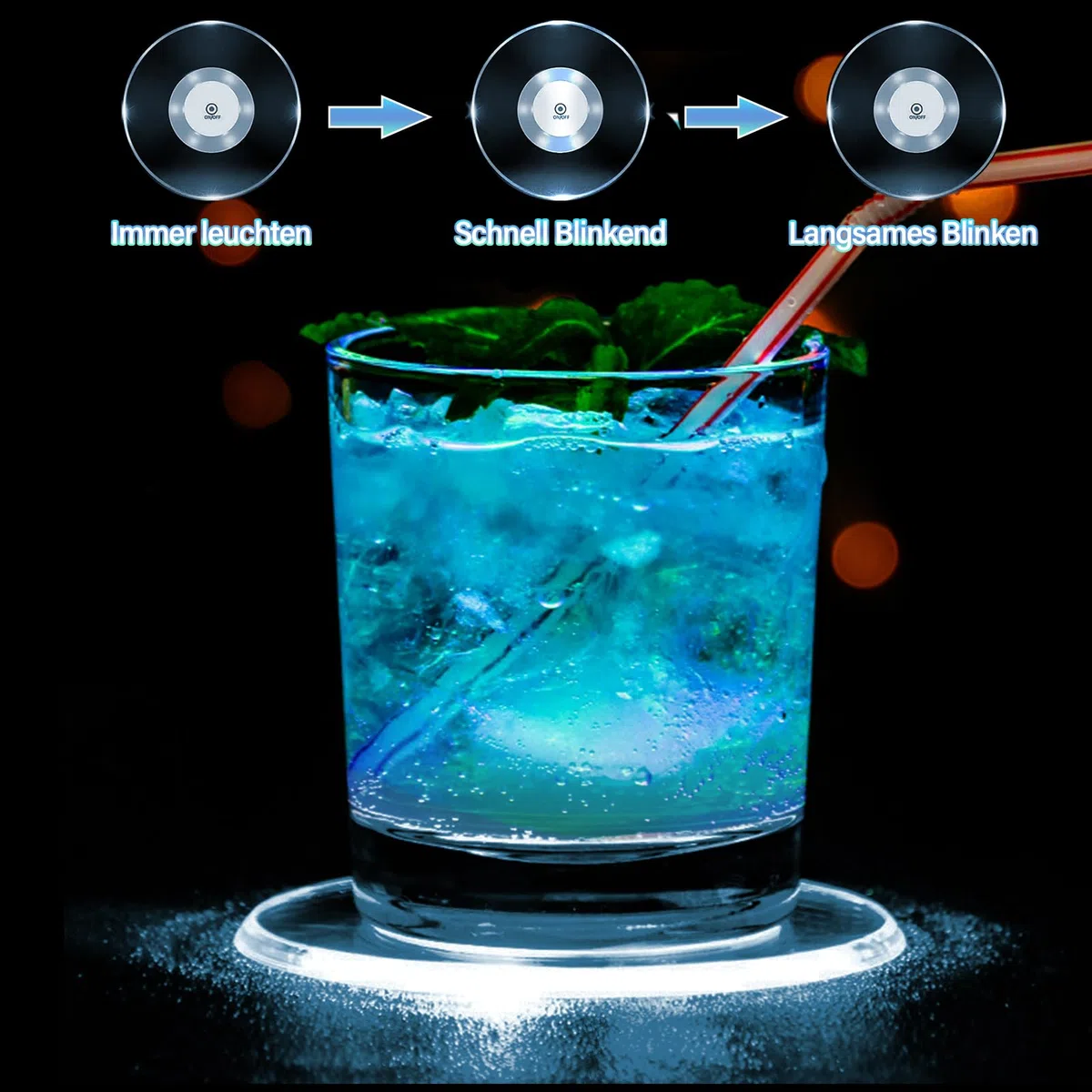 4er-Set Kühle Weiß LED Untersetzer für Getränke, ON/Off Wasserdicht Rund Untersetzer Acryl für Gläser Flaschen Partys Hochzeiten Bar Weihnachten Pub