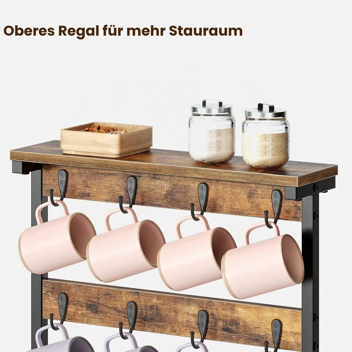 YATINEY Tassenhalter Stand, Tassenregal mit 8 Haken, Tassenständer, Küchenregal, vertikales Lagerregal, Getränkehalter mit Regalen, Displayständer, für Küche, Wohnzimmer, Vintagebraun XMH43BR