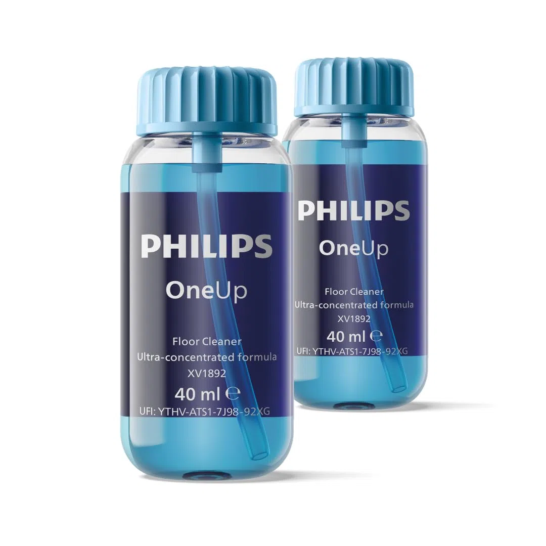 PHILIPS OneUp Bodenreiniger Doppelpack – Optimiert elektrischen Wischmopp, präzise Dosierung, hochkonzentriert für 40 Anwendungen, ersetzt 3 Reinigungsmittel-Flaschen (XV1892/02)