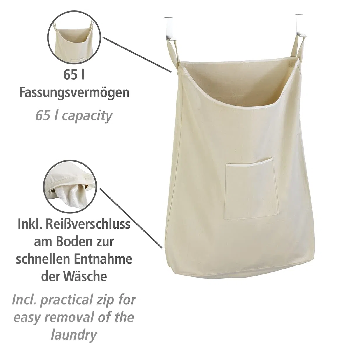WENKO Über-Tür Wäschesammler Mod. Canguro Beige rostfreien Edelstahlhaken und praktischer Reisverschlussöffnung zur leichten Wäscheentnahme, 65 l Stauraum in einem Fach, (B x H x T): 52 x 81 x 10 cm