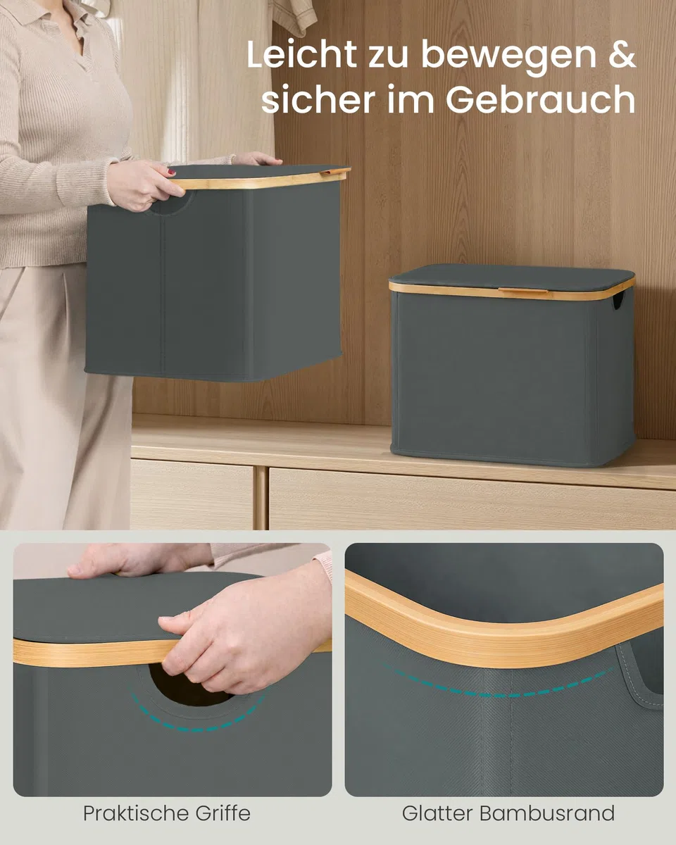SONGMICS Wäschekorb mit Deckel, Wäschesammler platzsparend, Oxford-Gewebe, zusammenklappbar, Bambusrahmen, für Waschküche, Schlafzimmer, Wohnzimmer, 40 L, 42 x 32 x 30 cm, schiefergrau LCB516GN01