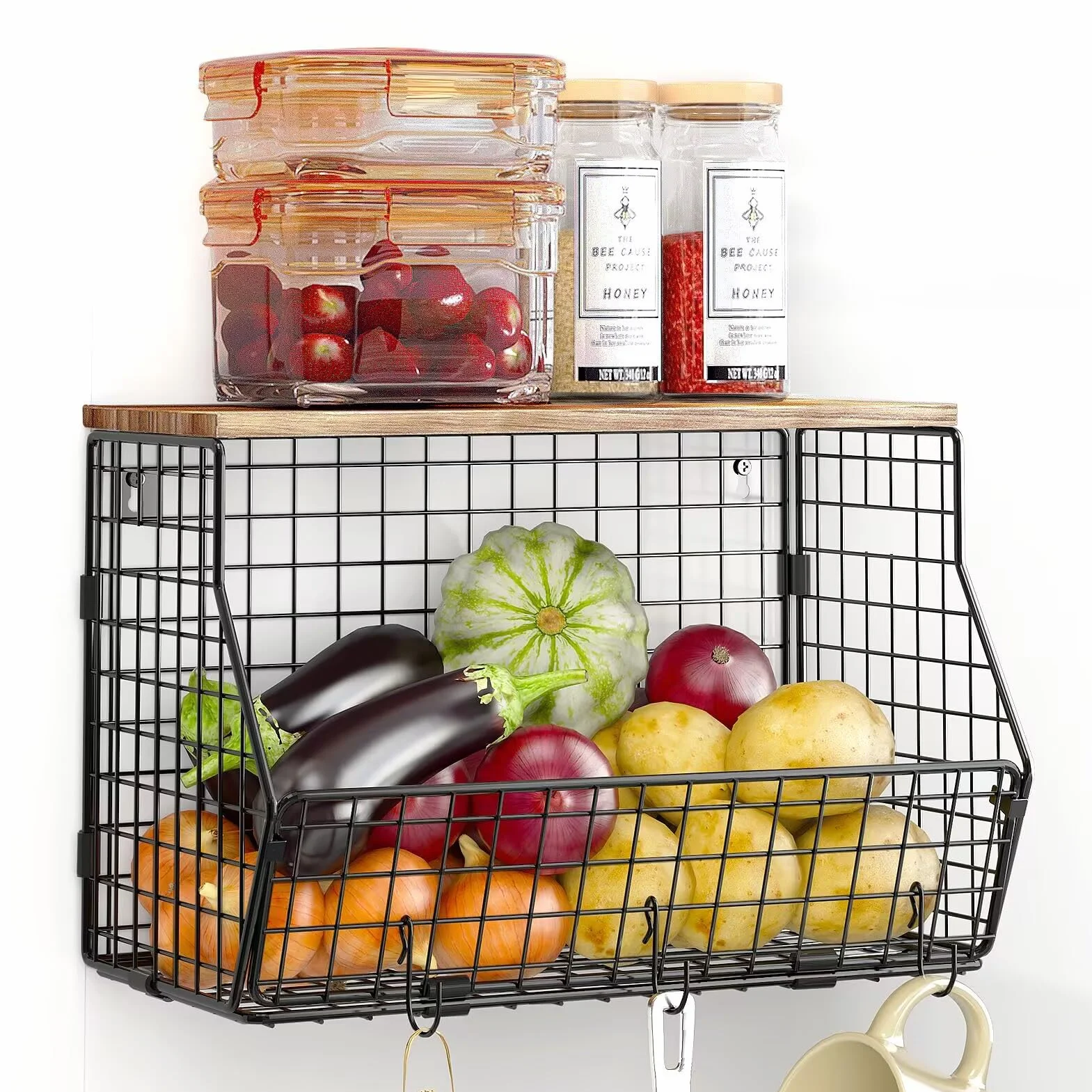 WELDUN Obstkorb aus Metall, hängende Obstschale mit Bananenaufhänger, Stapelbar Küchenorganizer, Obstständer Obstregal, Wand Aufbewahrungskörbe für Gemüse, Obst, Brot