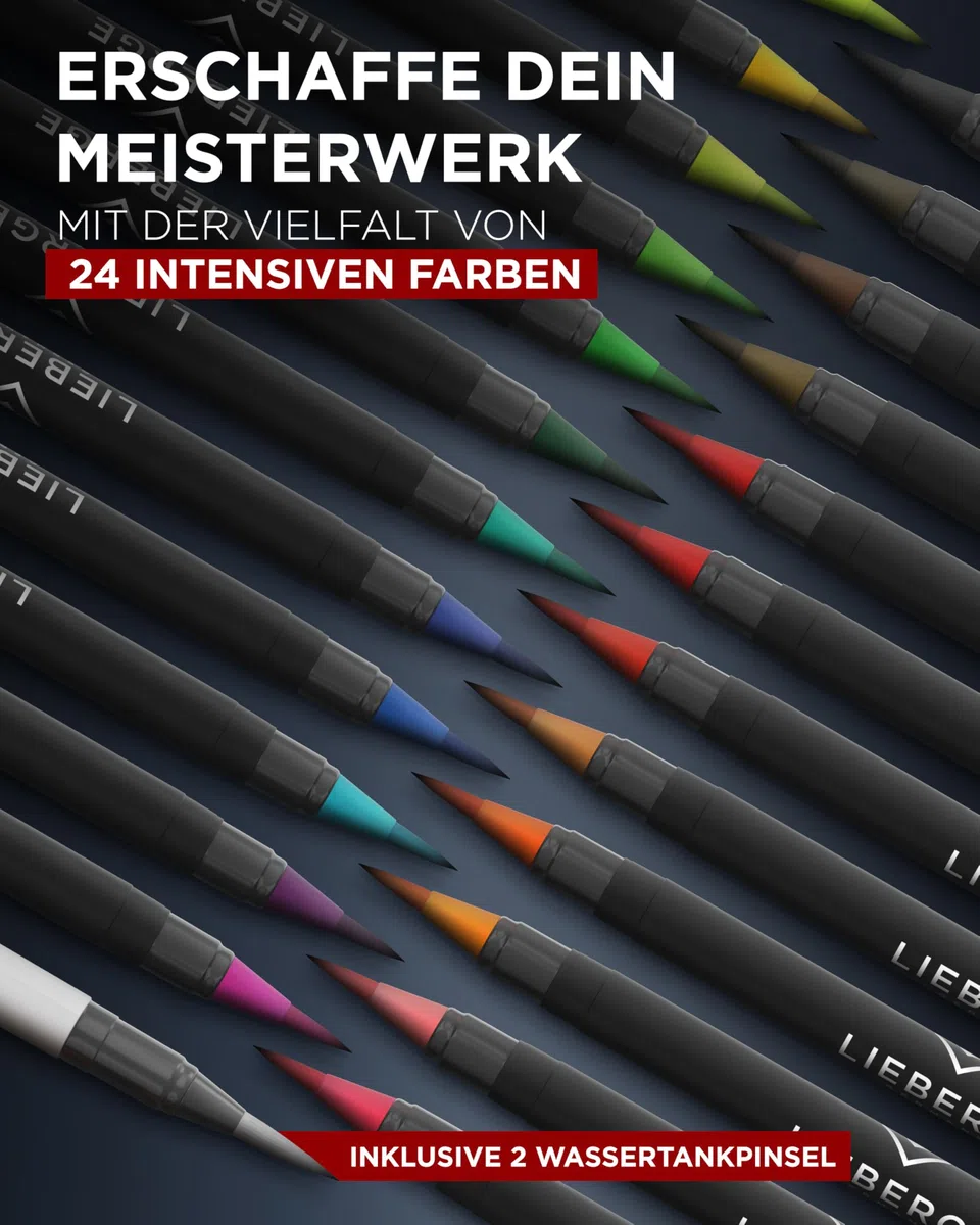 LIEBERGE Pinselstifte Premium-Set - 24 Aquarellfarben + 2 Wassertankpinsel - Brush Pen mit flexibler Pinselspitze für Aquarell, Hand Lettering, Bullet Journal, Kalligraphie