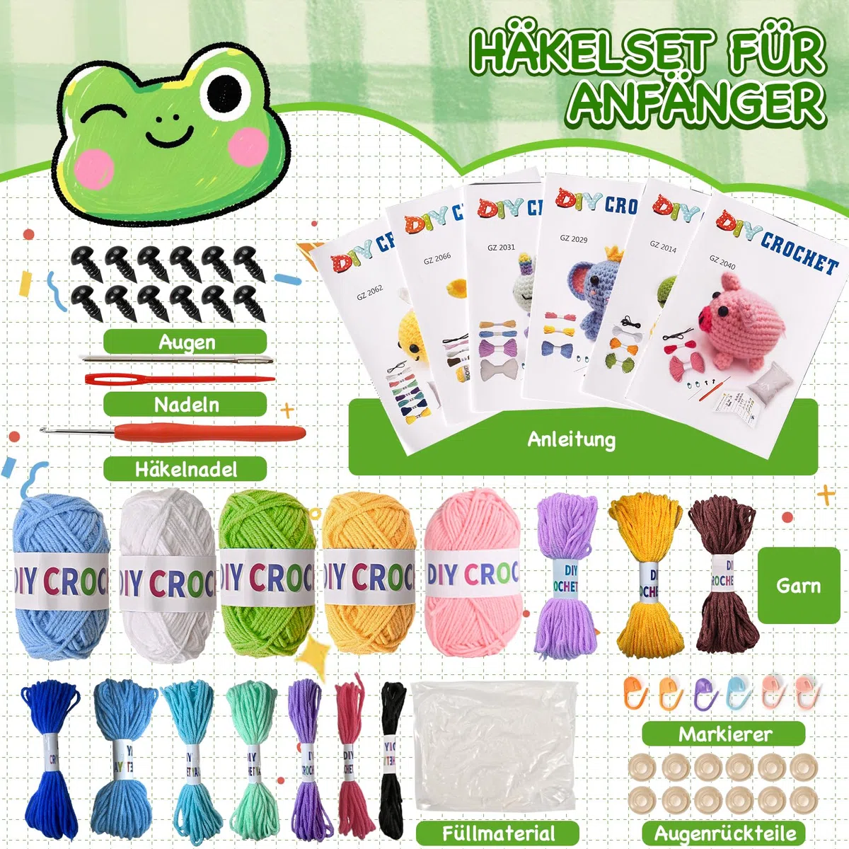 Alutaba 6Pcs Häkelset für Anfänger, Tier-Häkel-Set für Erwachsene und Kinder mit Videoanleitungen, DIY Strick-Set für Häkelliebhaber, Tolles Geburtstags- und Festtagsgeschenk Handgemachtes Geschenk