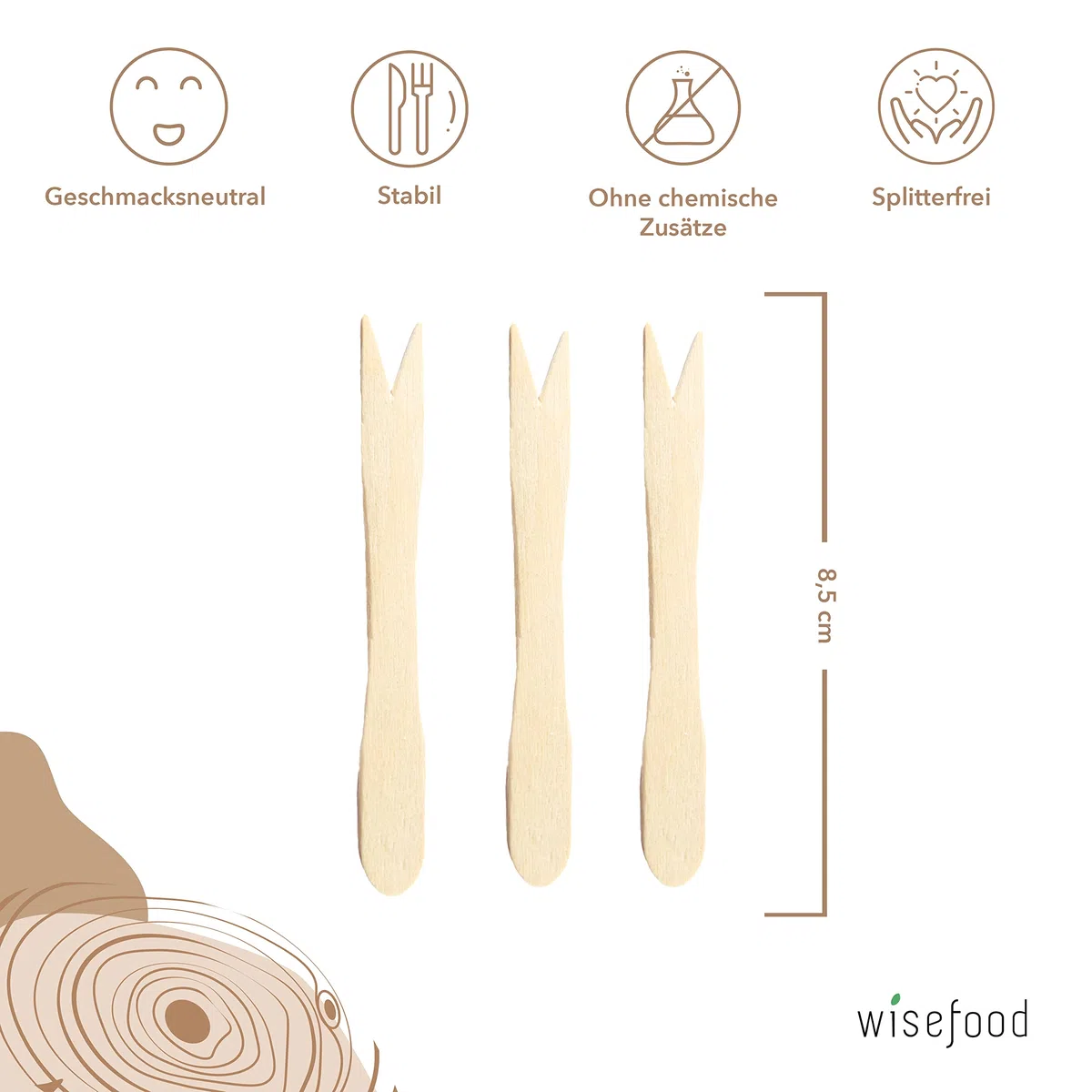 wisefood Früchtegabel Pommesgabel aus Holz 8,5 cm - 1.000 Stück Einweg Besteck - Einwegbesteck - Holzbesteck - biologisch abbaubar - natürlich, stabil, umweltfreundlich