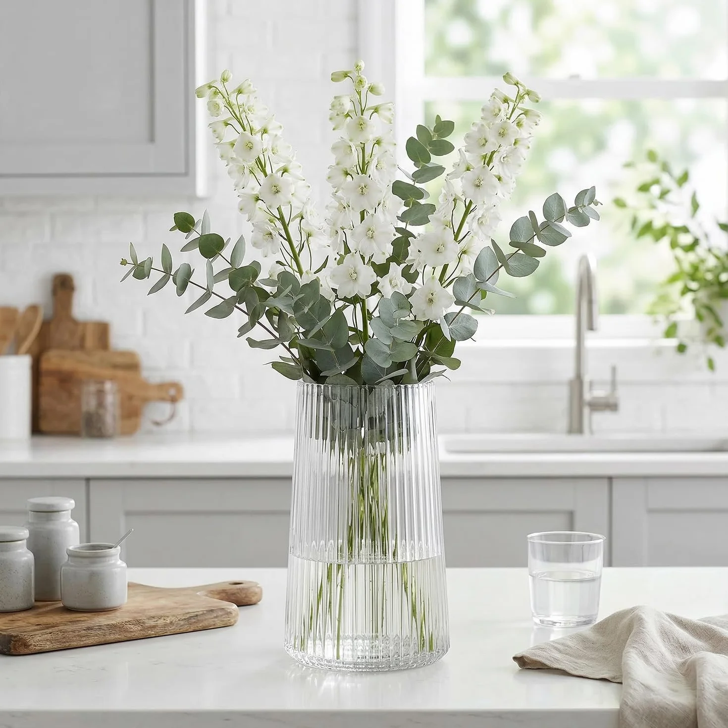 Klarglas-Vase für Blumen, Glasblumen-Vase, Blumenvasen für Bouquet, moderne gerippte Vasen für Wohnzimmer, Esszimmer, Kaffeetisch, Büro, Hochzeit, 20CM