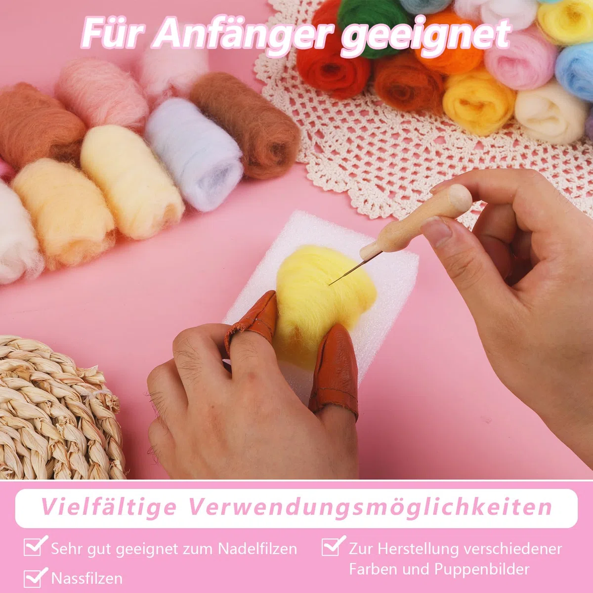 Reovin 55 Farben Nadelfilz Set, Filz Starterset Filzwolle Nadelfilzen Set mit Filznadeln, Schaumstoffmatte und Aufbewahrungstasche Filzwolle Nadelfilz Werkzeu für DIY Handwerk