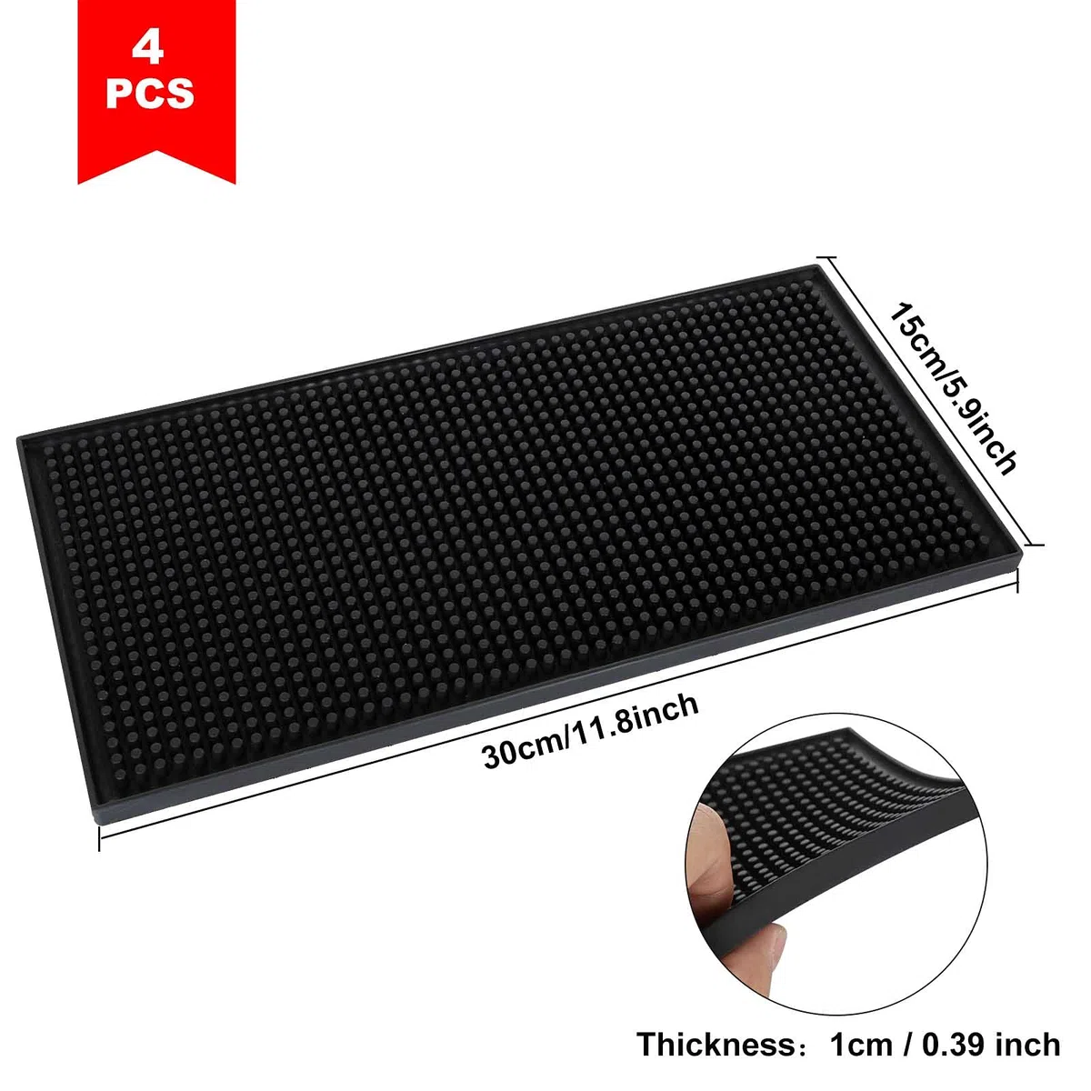 4 Stück 15 x 30cm Bar Matte, Schwarz Gummi Abtropfmatte, Bar Service Matte Barmatte rutschfest für Bar, Club, Küche, Restaurant