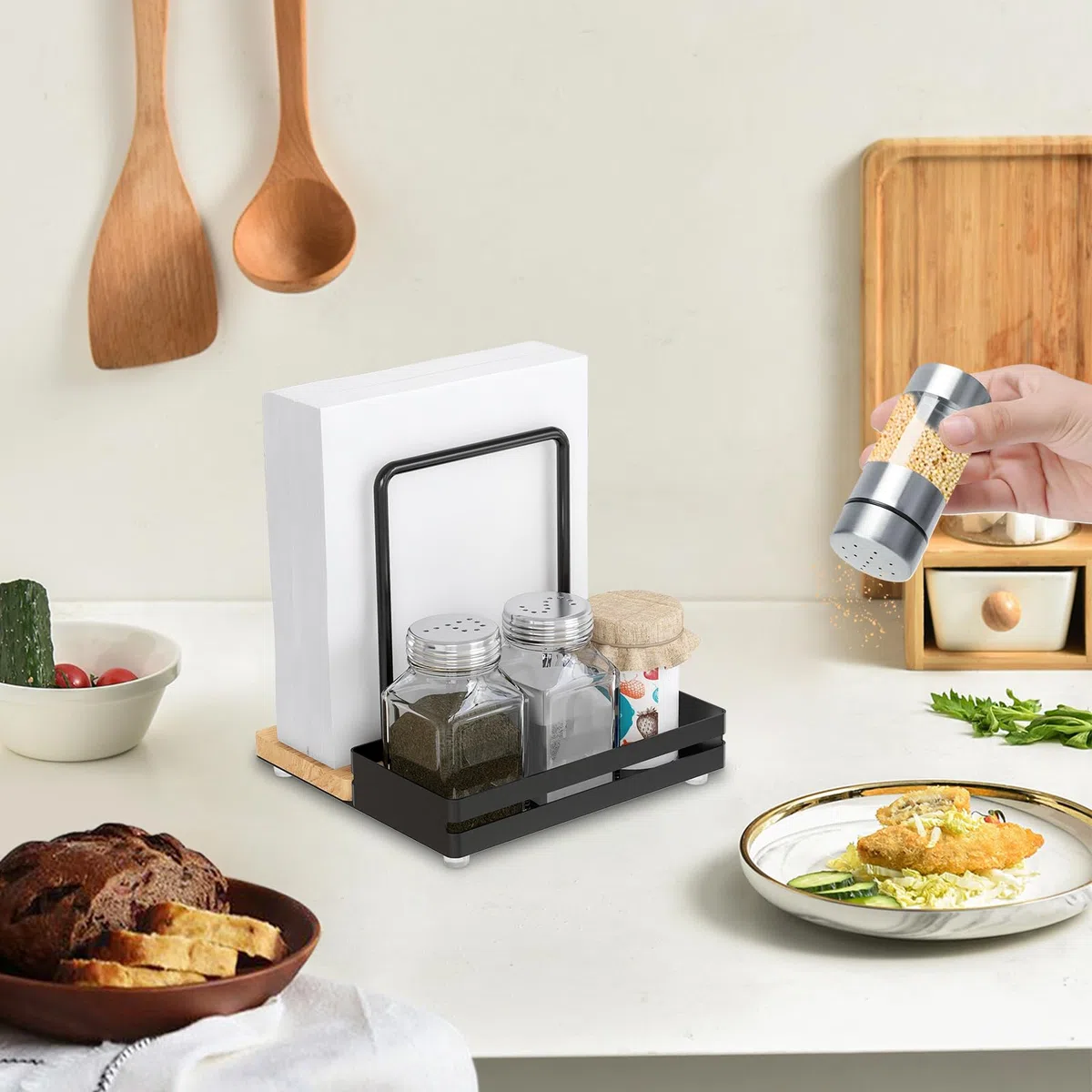 STWWO Serviettenhalter Schwarz,Serviettenhalter aus Metall & Holz Serviettenspender mit Caddy für Tisch Küchenzubehör Servietten Halterung zum Dekorieren