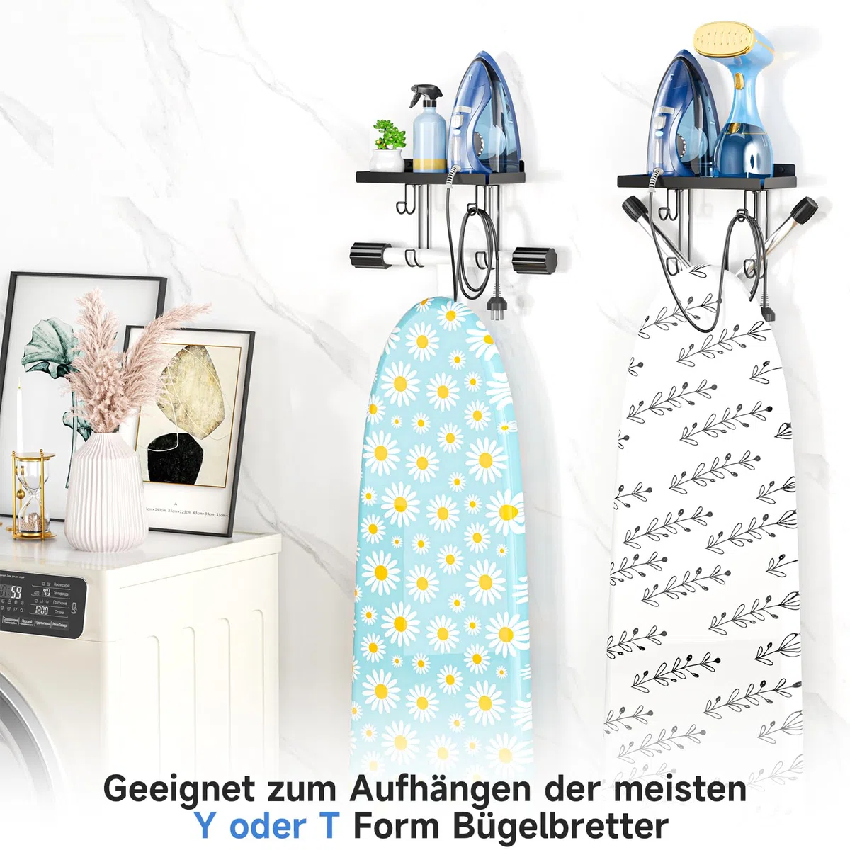 Bügelbrett Halterung Wand, Metall Bügelbrett Aufhänger Tür, Bügeleisen und Bügelbrett Halterung, Bügelbrett Wandhalterung mit Großem Ablage für Waschküchen Y oder T Förmige Schwarzer