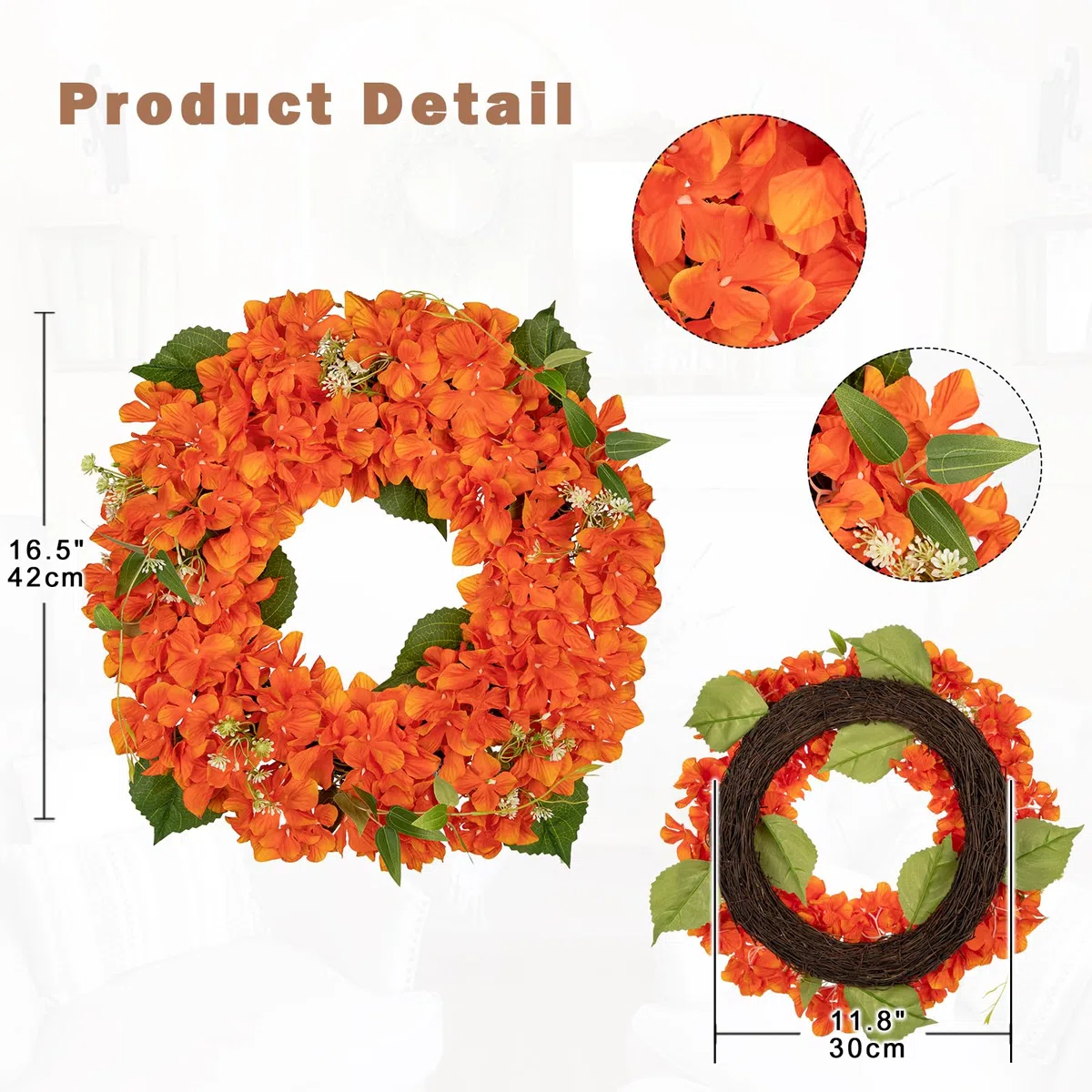 40cm Künstliche Hortensie Kranz Faux Blume Kranz, Faux Orange Hortensie Dekorativen Kranz für Haustür, Mantel, Wand, Bauernhof Dekor