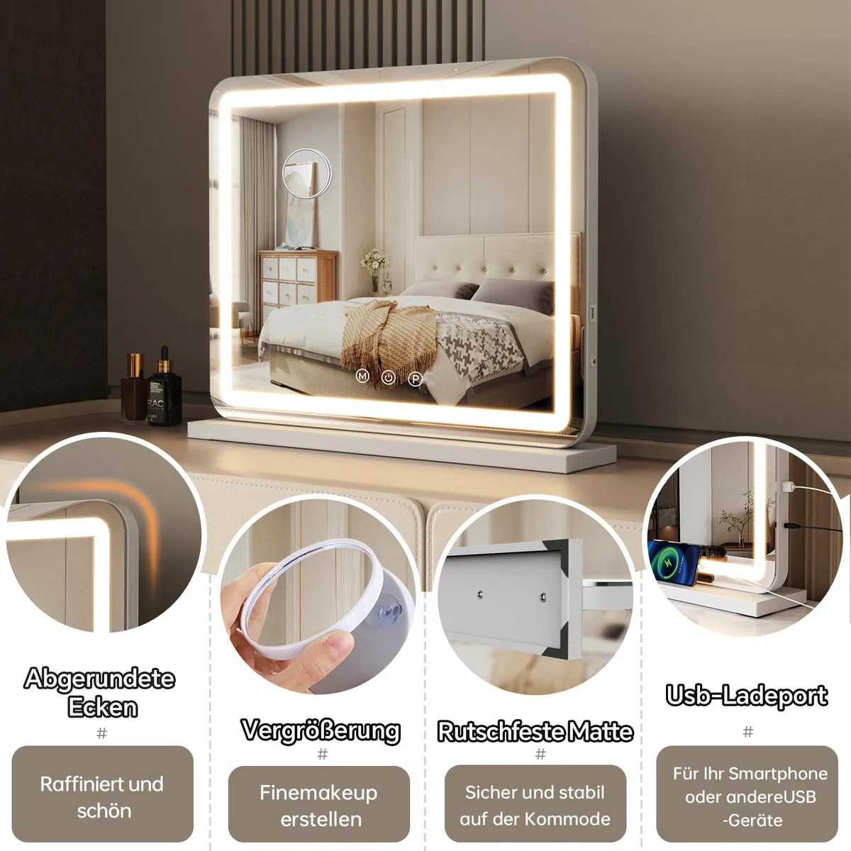 ZL ZELing Kosmetikspiegel mit Lichtern, 58,4 cm großer Make-up-Spiegel mit LED-Lichtern, Smart Touch, dimmbares 3-farbiges Licht, Memory-Funktion, USB-Ladeanschluss und Lupe