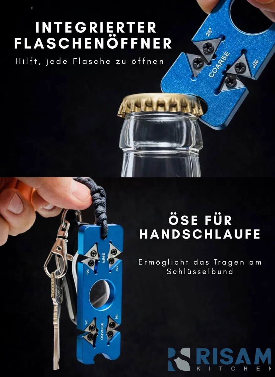 RISAM KITCHEN Messerschärfer klein – 6 in 1 Reise Messerschärfer Profi & Messerschleifer Knife Sharpener – Messer schärfen – 8,5 cm x 2,8 cm x 0,5 cm – 37,5 g – mit Clip & Anhänger