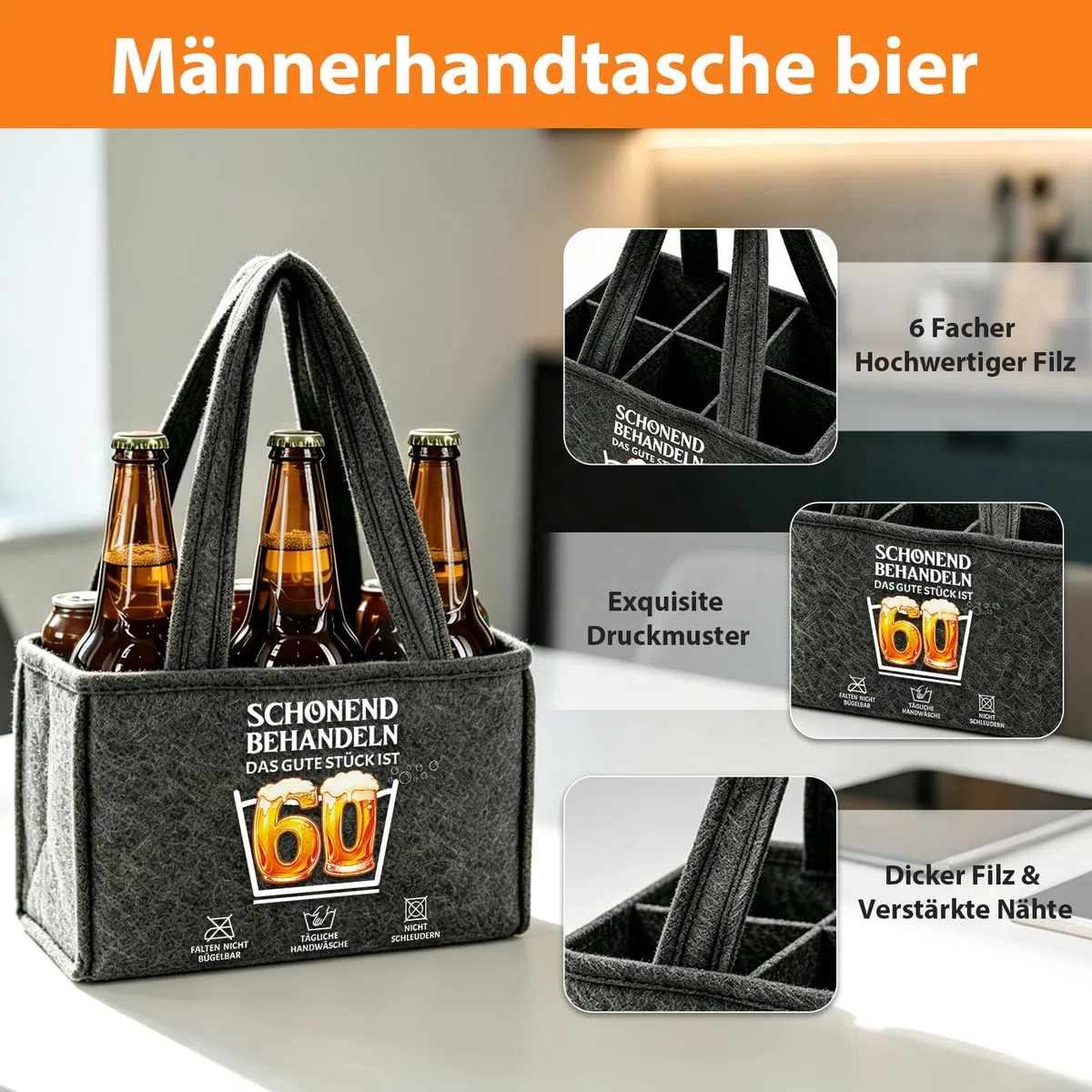 YSUVIN 60 Geburtstag Mann, Bier Handtasche Set Geburtstagsgeschenk für Männer, Filz Flaschentasche 6 Flaschen mit Flaschenöffner Socken Hut Grußkarten, Geschenk Mann für Kollege Freund Partner