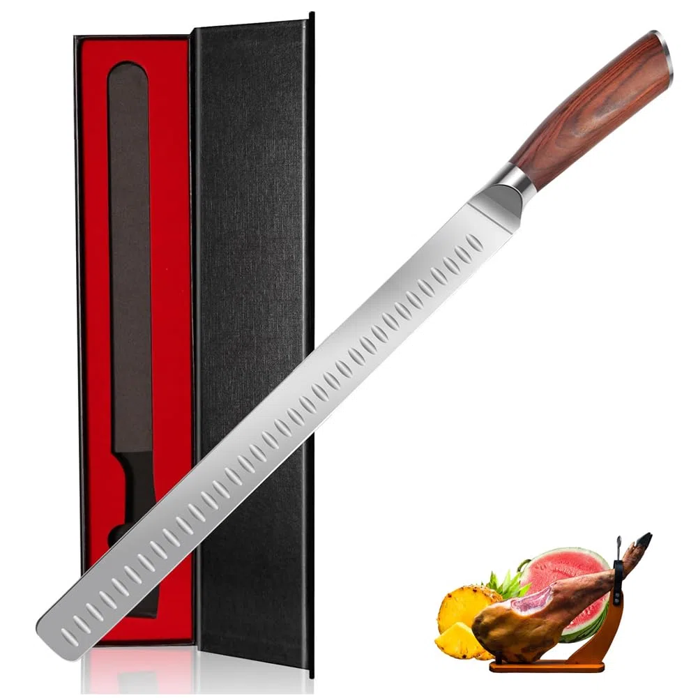 Schinkenmesser Rot Braun 43cm Lachsmesser Extra Scharfe Tranchiermesser Dönermesser Mit Ergonomisches Pakkaholz Griffdesign Küchenmesser Mehrzweck Grillen Camping Kochen Messer BBQ Werkzeug