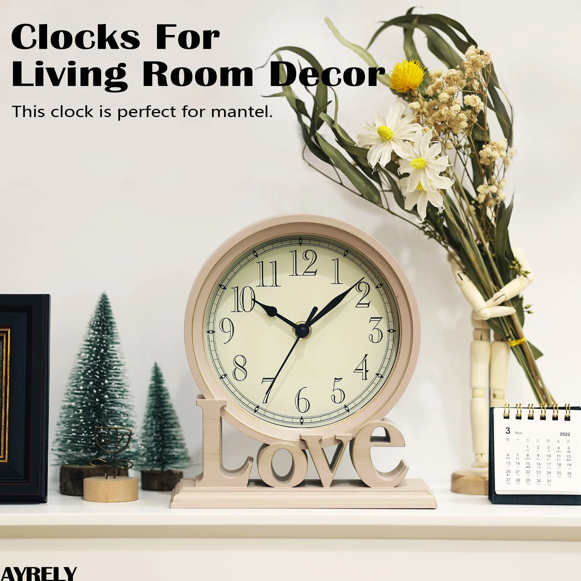 AYRELY® 6,5-Zoll Vintage Kaminuhr –Love-Tischuhr, lautlose Quartz Schreibtischuhr ohne Ticken, Retro Standuhr für Wohnzimmer, Schlafzimmer, Regal oder Kamin Dekoration (Elfenbein)