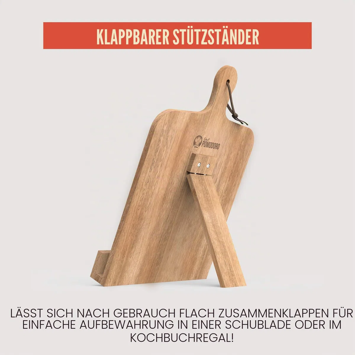 Chef Pomodoro Kochbuchhalter – Leseständer aus Akazienholz - Buchständer Holz - Dekorativer Bücherständer 23,8 x 36,8 cm (B x L) – Buchhalter Holz – Buch Ständer – Auch geeignet für Tablets