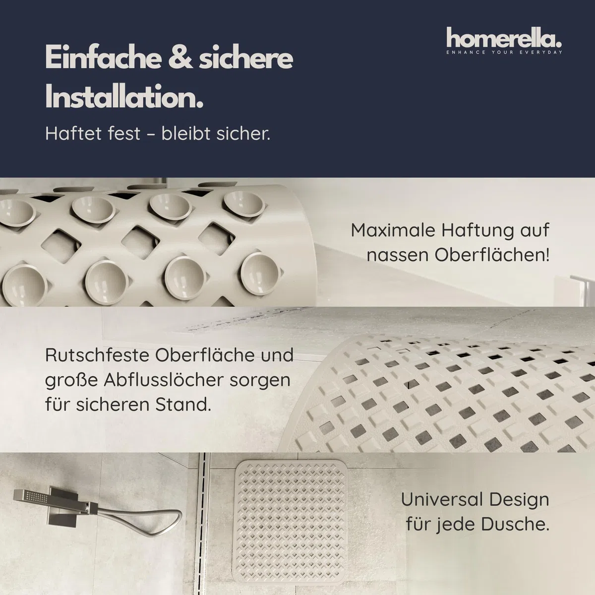 Homerella Duschmatte rutschfest 53x53 cm Dusche - maschinenwaschbar Sand | Sichere Duscheinlage, quadratisch für Dusche, Duschtasse und Wanne