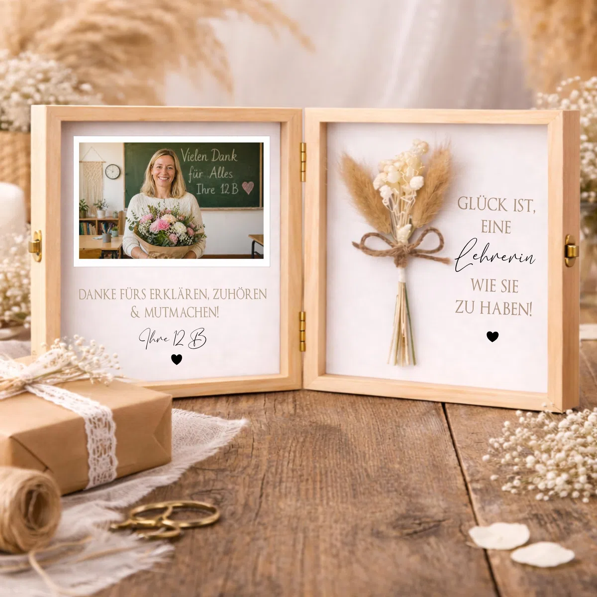 Personalisierte Geschenkbox Holz „Weltbeste Lehrerin“ mit Namen – Abschiedsgeschenk Schule & Fotogeschenk mit Spruch & Blume – Danke Geschenk Lehrerin (Glück ist, eine Lehrerin wie Sie zu haben!)