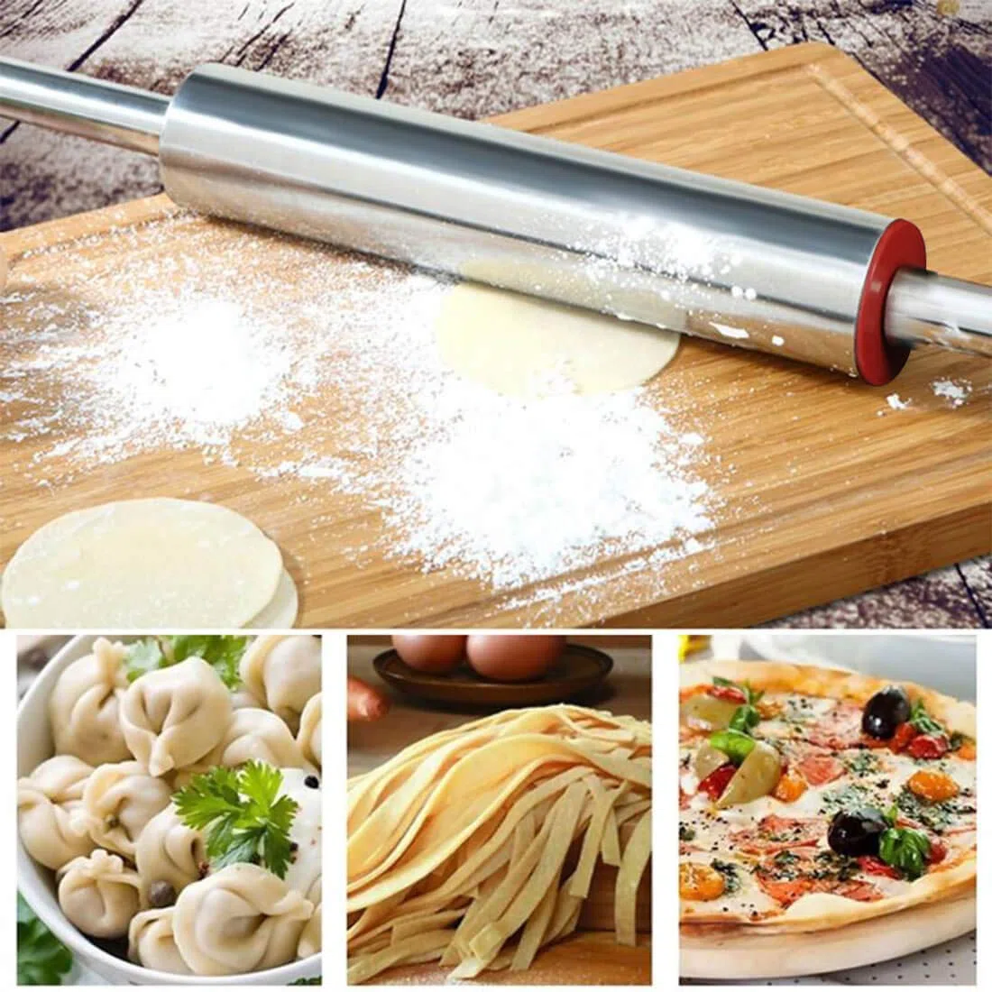 Nudelholz aus Edelstahl mit Backmatte, drehbare Teigrolle, antihaftbeschichtet und wartungsfrei, mit lebensmittelechten Backmatten und Teigrolle für Pizza, Nudeln, Kuchen, Zuckerguss, 43,2 cm – Silber