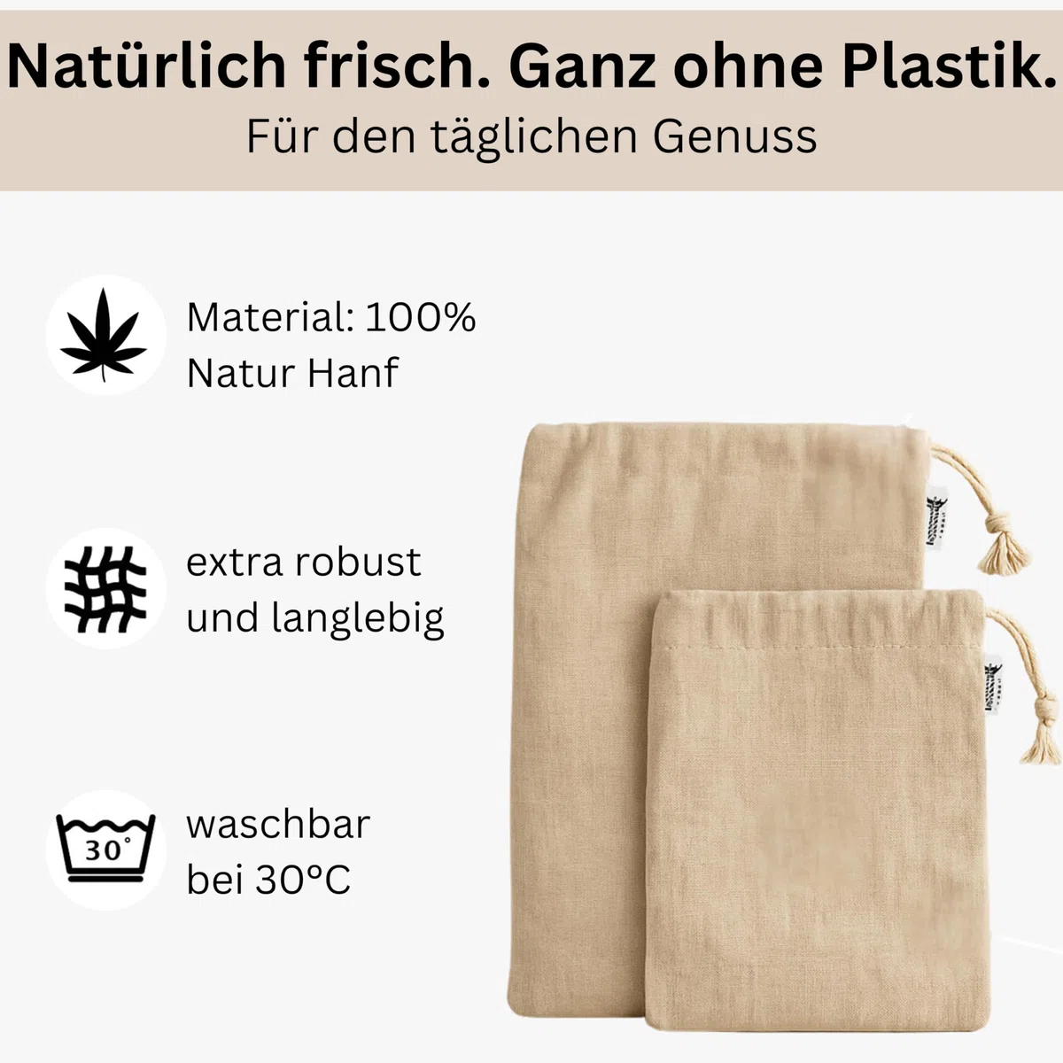Brotbeutel 3er-Set | Wiederverwendbare Leinenbeutel aus 100% Naturhanf | Plastikfrei, Waschbar & Robust | Brotsack Ideal für Lebensmittel und Brotaufbewahrung