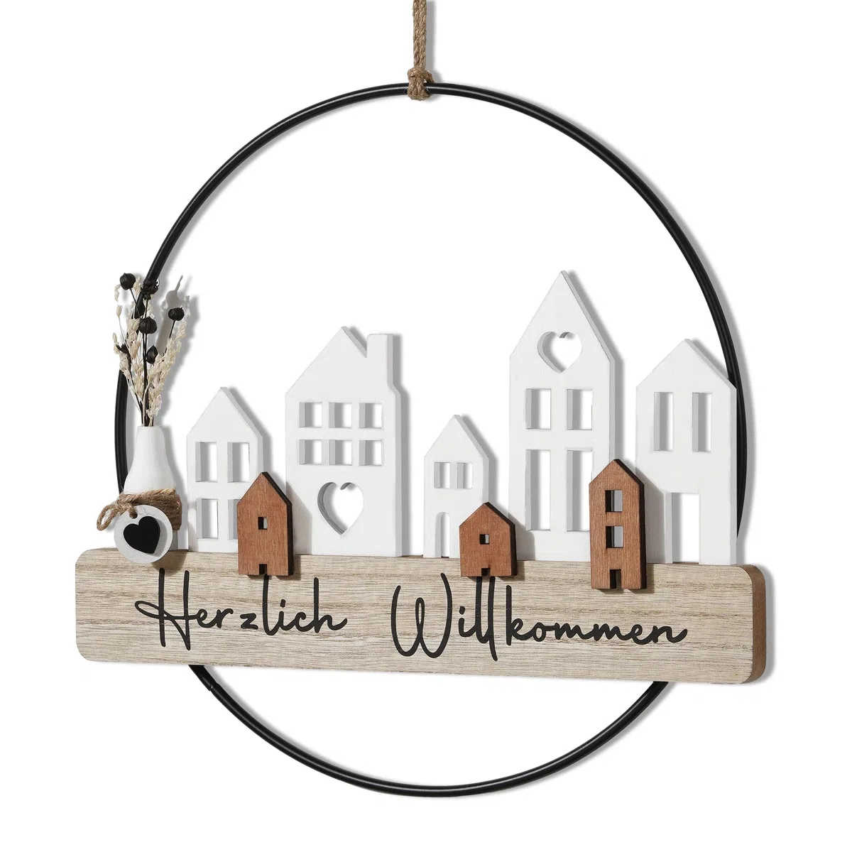 Willkommen Türkranz Trockenblumenkranz - Türkranz Herzlich Trockenblumen Fensterdeko Hängedeko personalisiert Dekokranz mit Willkommensschild Trockenblumen und Haus ø28cm Wandschmuck