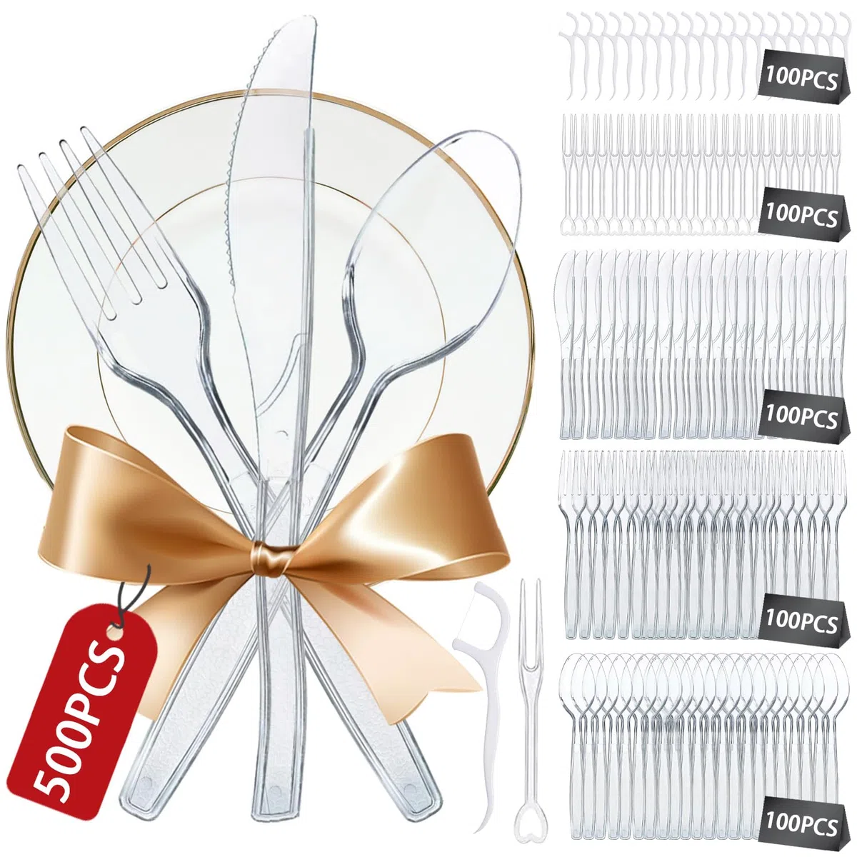500PCS Plastikbesteck,Plastiklöffel,Plastikgabeln,Plastik Messer,Party Besteck Wiederverwendbar,Jeweils 100 Stück,Plastik Besteck mit Obstgabel und Zahnseide,Partygeschirr Mehrweg & Robust