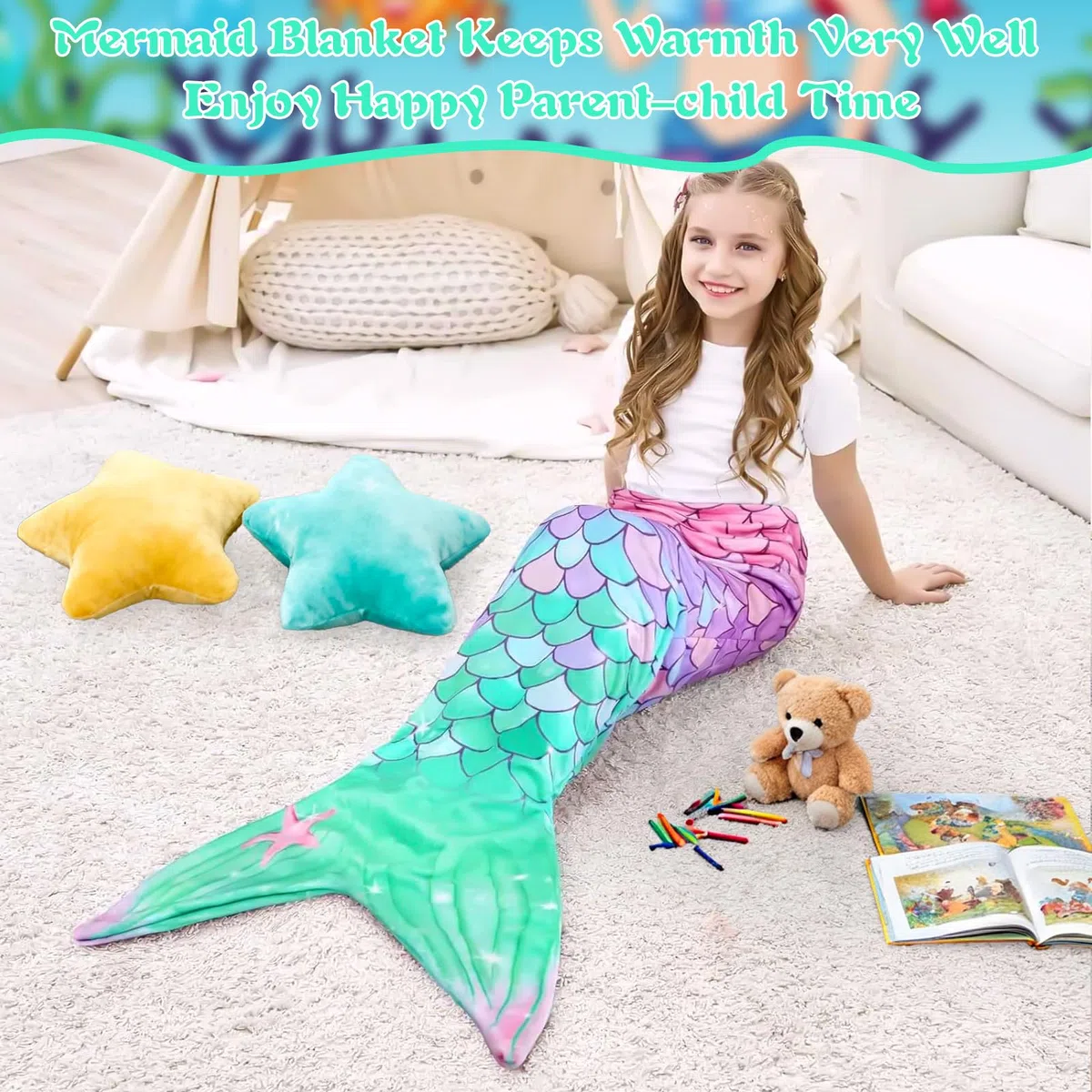 Meerjungfrau Decke, Meerjungfrauen Schwanz Decke mit Haarnadel Armband, Weicher Flanell Tragbare Schwanzdecke für Kinder Geburtstag Weihnachten Geschenk, 140x60cm