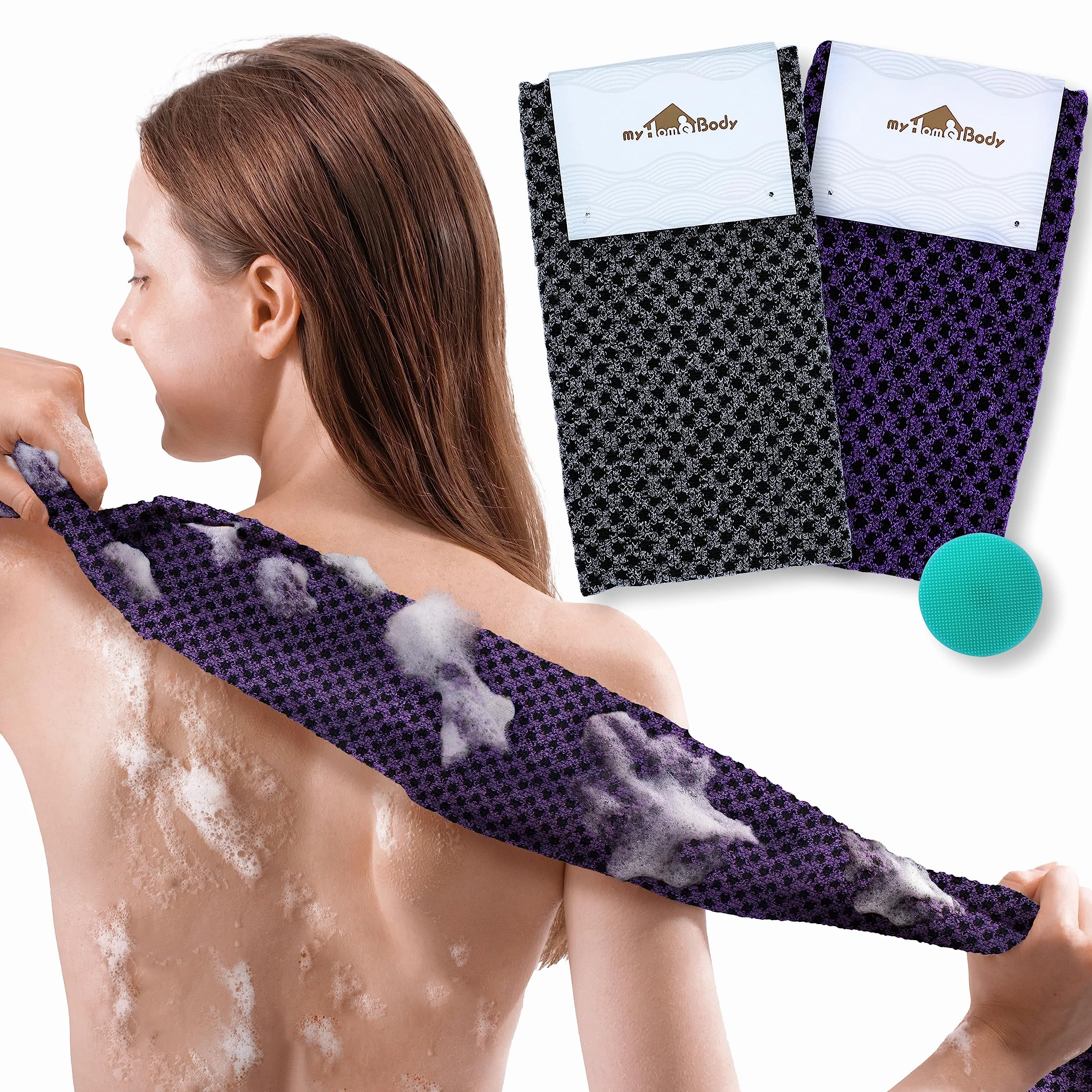 myHomeBody Extra langer Peeling-Waschlappen | Japanischer Waschlappen | 3D-Textur Obsidian and Raisin Dots, 2er-Set mit Bonus-Gesichtsbürste