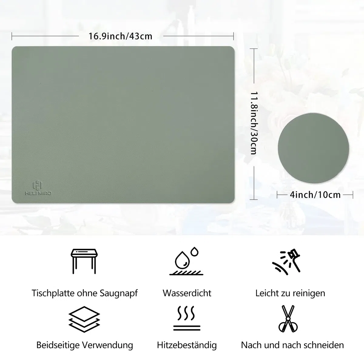 HELI MIAO Tischsets Abwaschbar,Platzsets Abwischbar, Leder,Hitzebeständig Doppelseitigen I 6er Set Platzdeckchen Lederoptik mit Untersetzer,Tischuntersetzer rutschfest,Salbeigrün